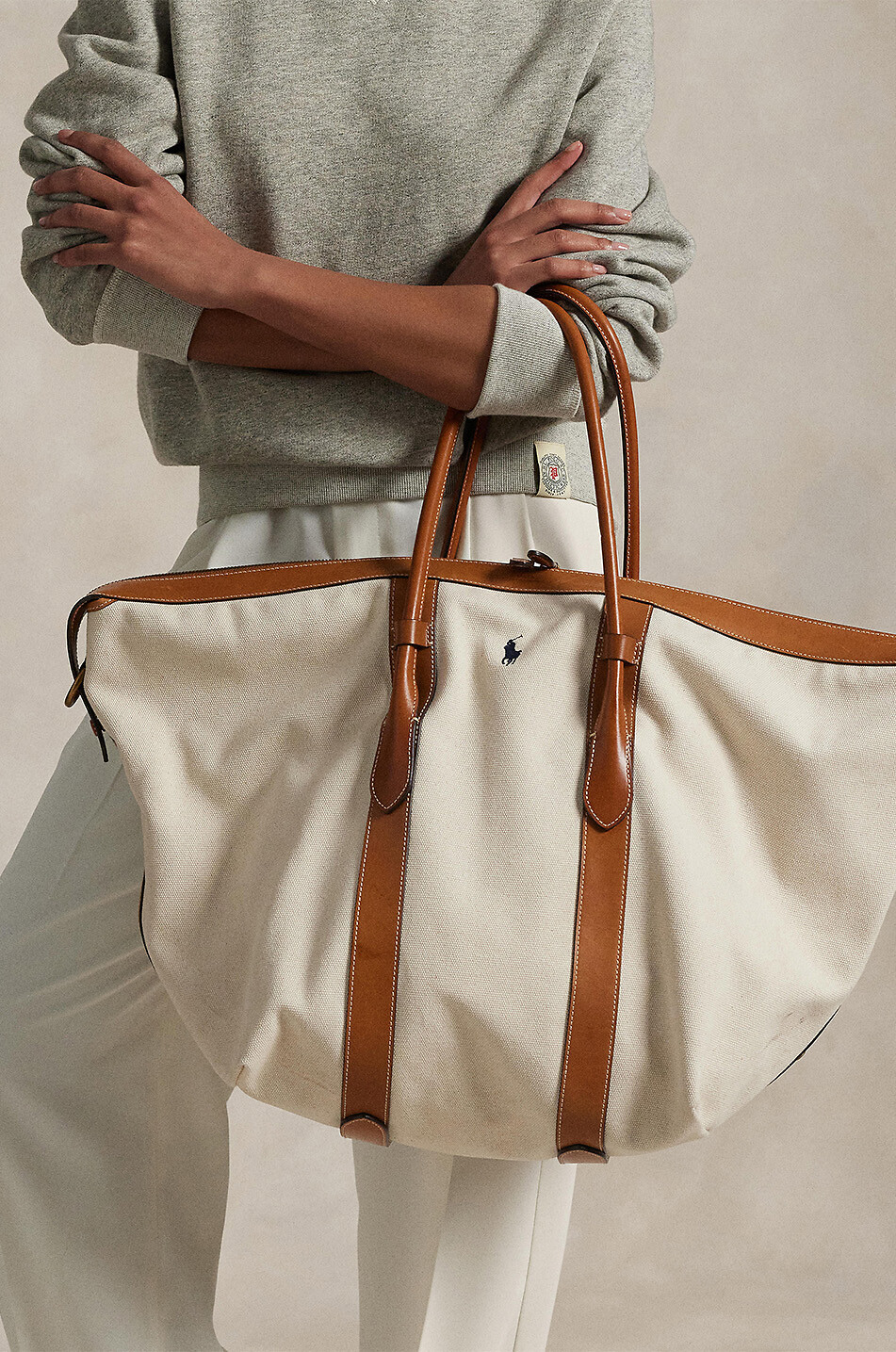 POLO RALPH LAUREN Belport Extra-Large canvas and leather tote bag Women EGGSHELL 3