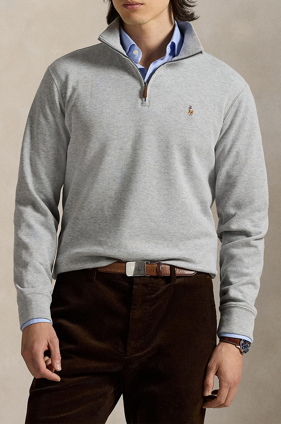 POLO RALPH LAUREN Estate-Rib Pony half-zip pullover in cotton Men LIGHT GREY 2