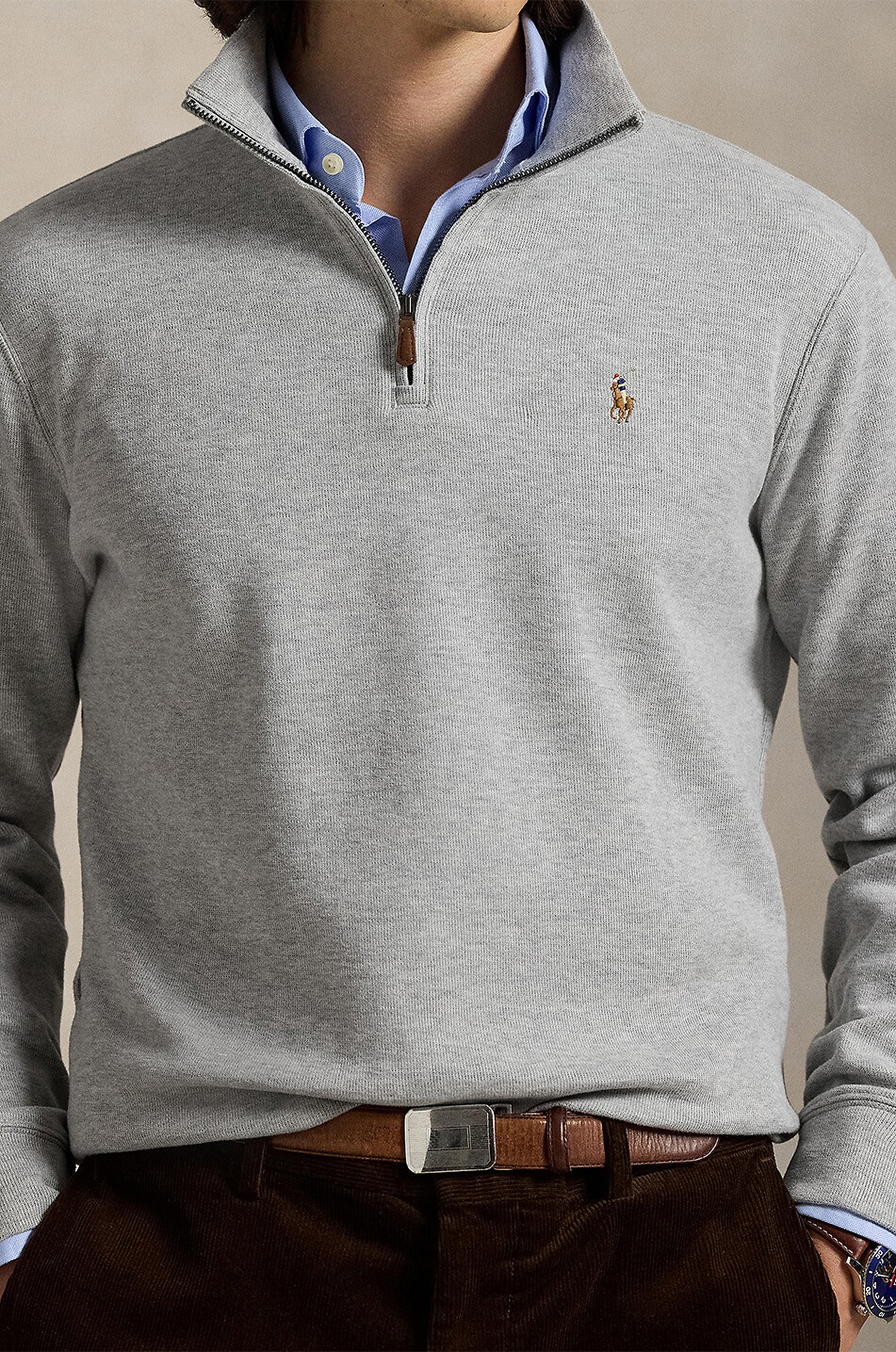 POLO RALPH LAUREN Estate-Rib Pony half-zip pullover in cotton Men LIGHT GREY 5