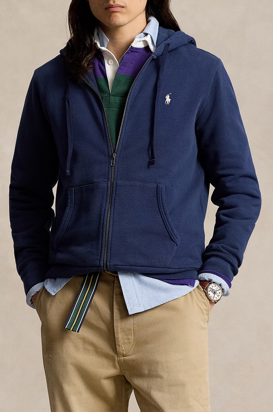 Leather detail adorned full-zip hooded sweatshirt - MONCLER