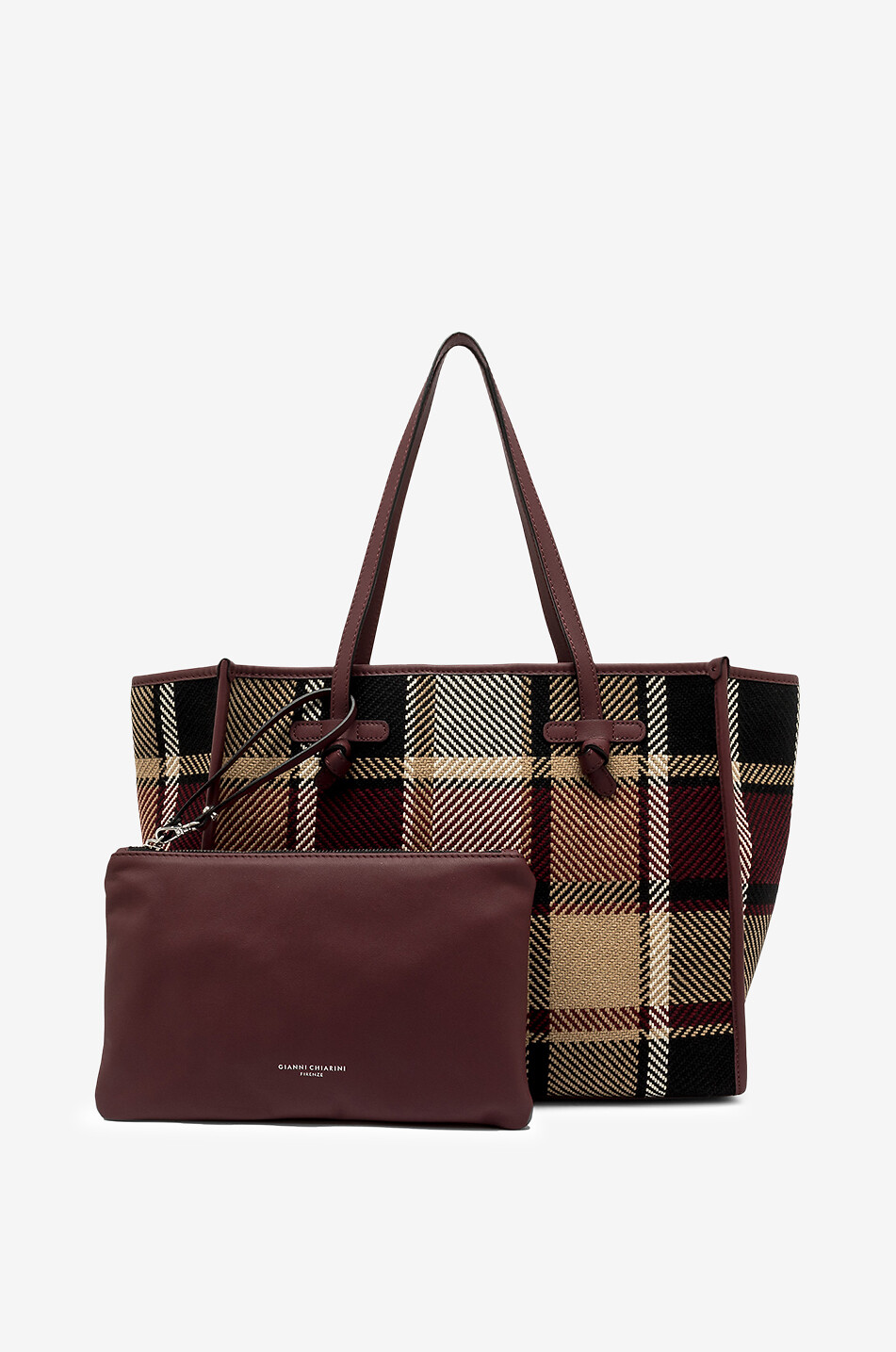 GIANNI CHIARINI Marcella tartan fabric and leather tote bag Women DARK RED 3