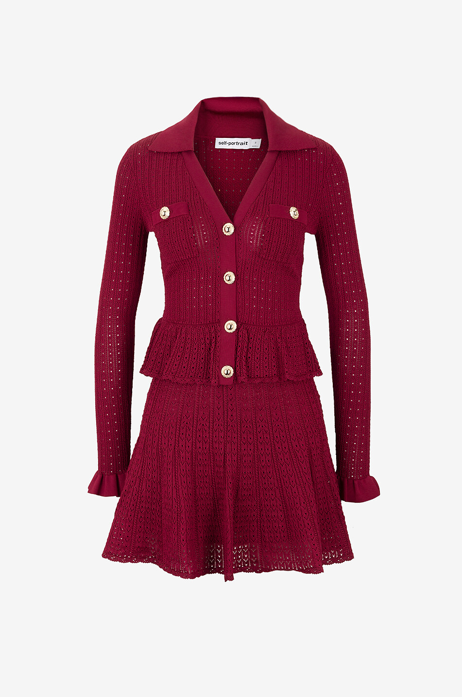 SELF PORTRAIT Pointelle knit peplum mini dress Women DARK RED 1