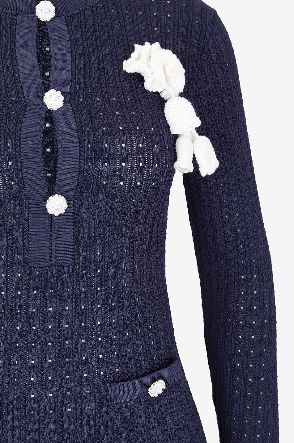 SELF PORTRAIT Mini pointelle knit dress with crochet brooch Women DARK BLUE 3