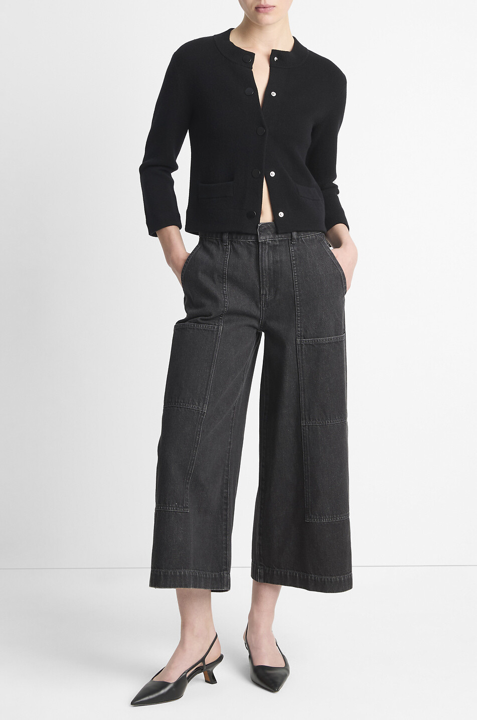 VINCE Cardigan court boutonné en laine et coton Femme NOIR 3