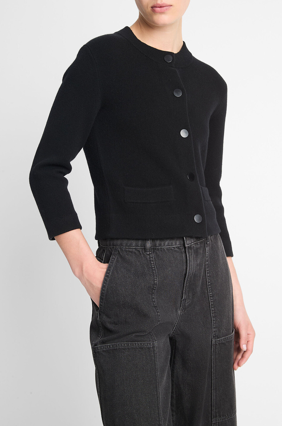 VINCE Cardigan court boutonné en laine et coton Femme NOIR 4