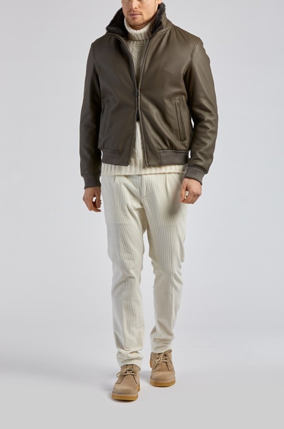 GIMO'S Blouson à col montant en cuir lisse Homme MARRON FONCÉ 3