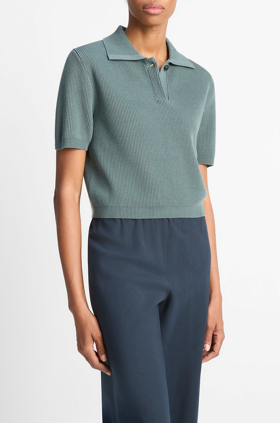 VINCE Polo manches courtes en soie et coton Femme VERT 5