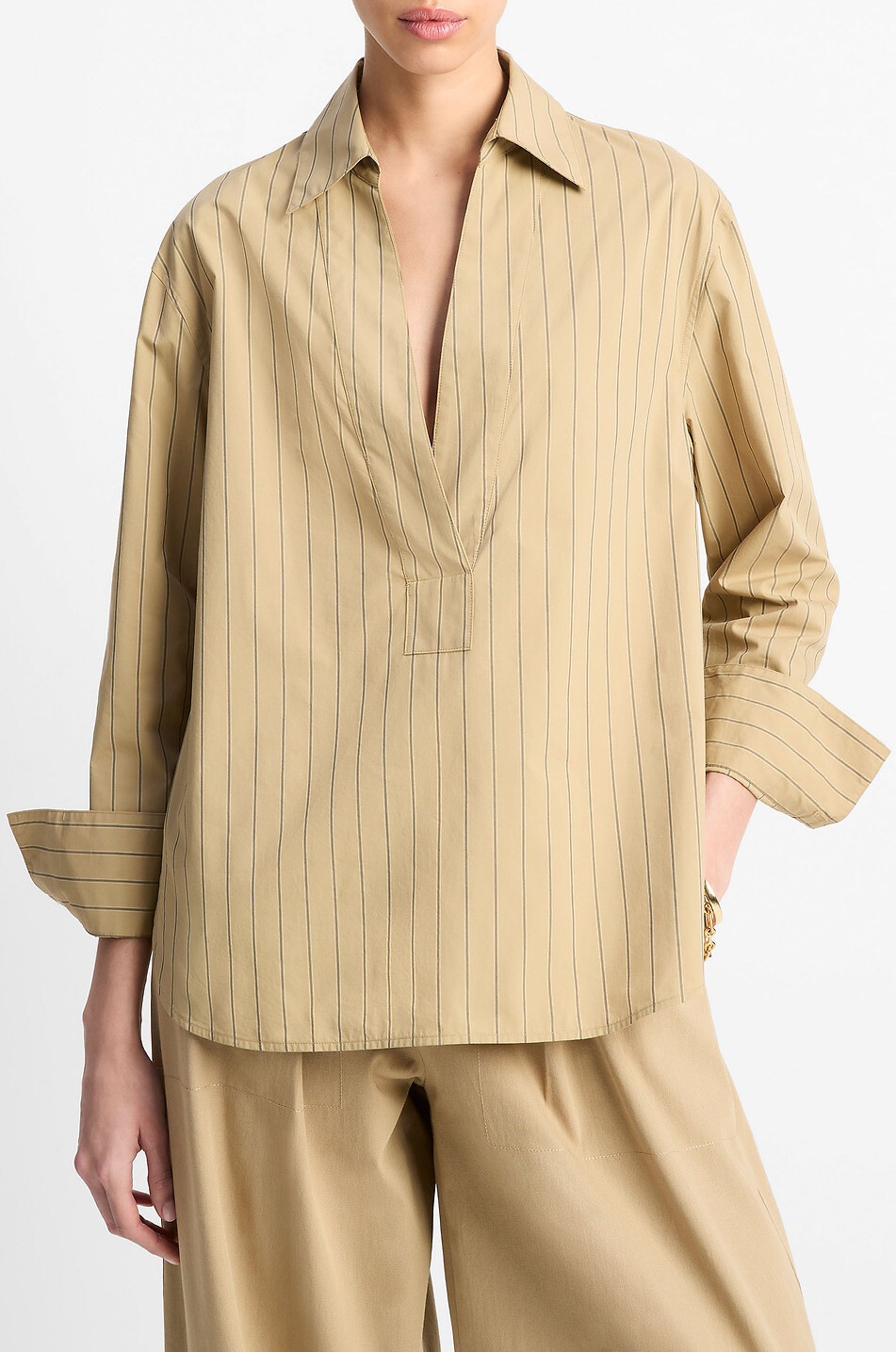 VINCE Striped long-sleeve popeline shirt Women BEIGE 6