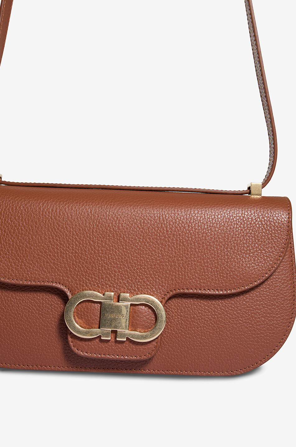 SALVATORE FERRAGAMO Sac baguette en cuir grainé Double Gancini Mini Femme COGNAC 5