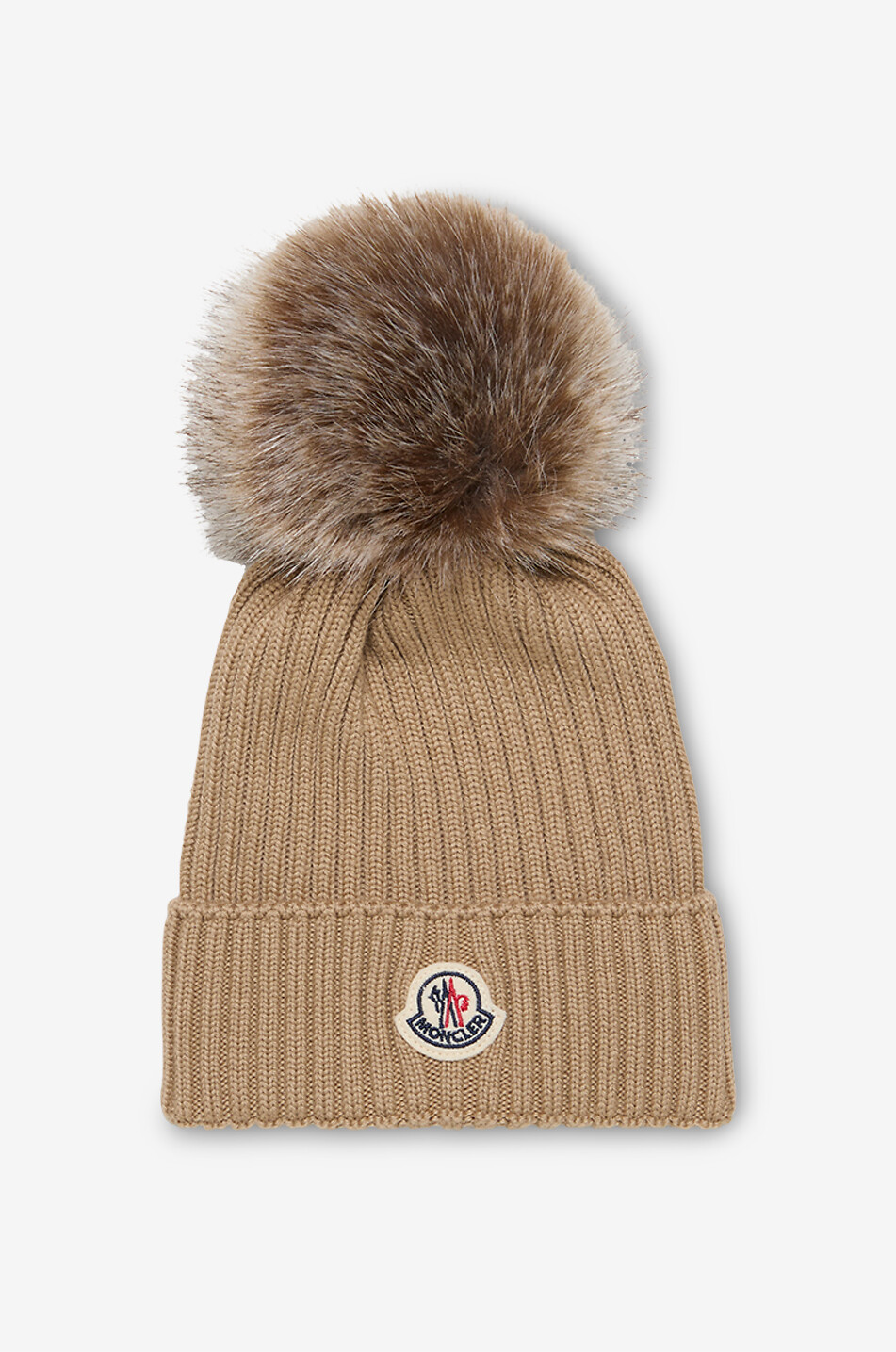 Mädchen-Ripstrick-Mütze aus Wolle mit Pompon und Logopatch