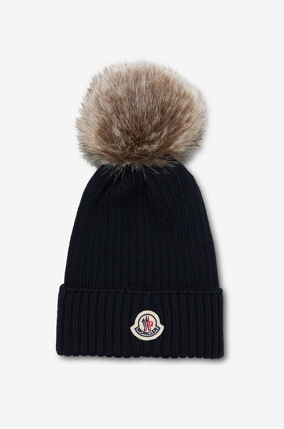 Mädchen-Ripstrick-Mütze aus Wolle mit Pompon und Logopatch