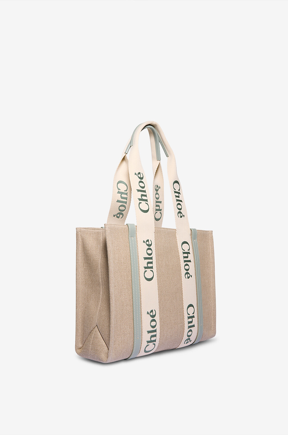 CHLOE Woody Medium linen and leather tote bag Women LIGHT GREEN 2