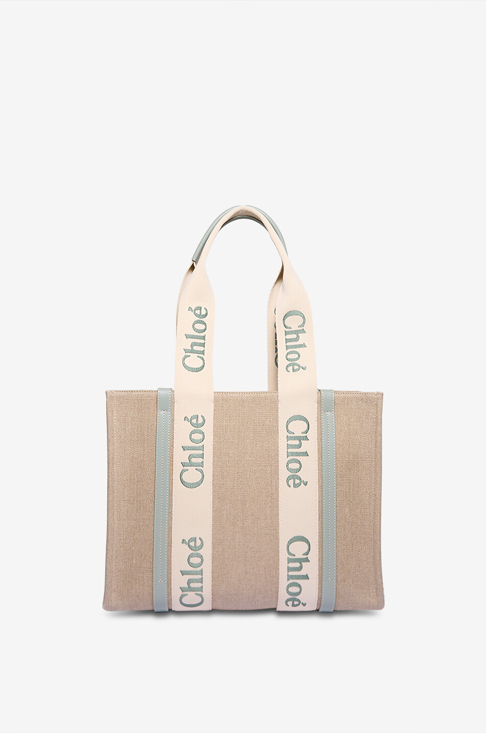 CHLOE Woody Medium linen and leather tote bag Women LIGHT GREEN 3