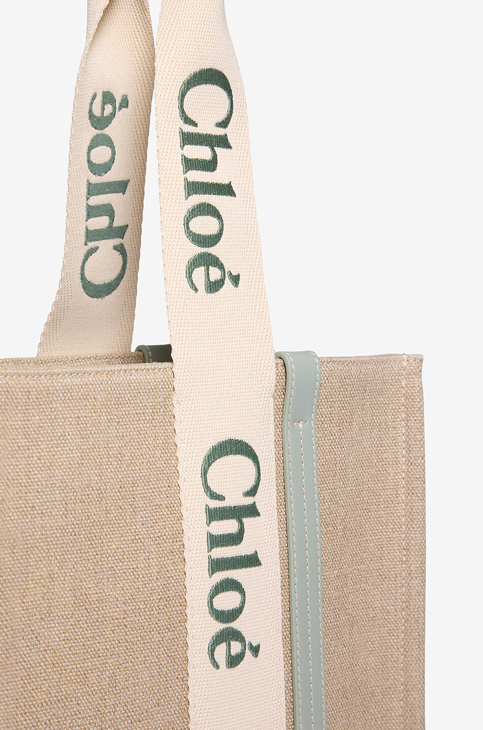 CHLOE Woody Medium linen and leather tote bag Women LIGHT GREEN 5