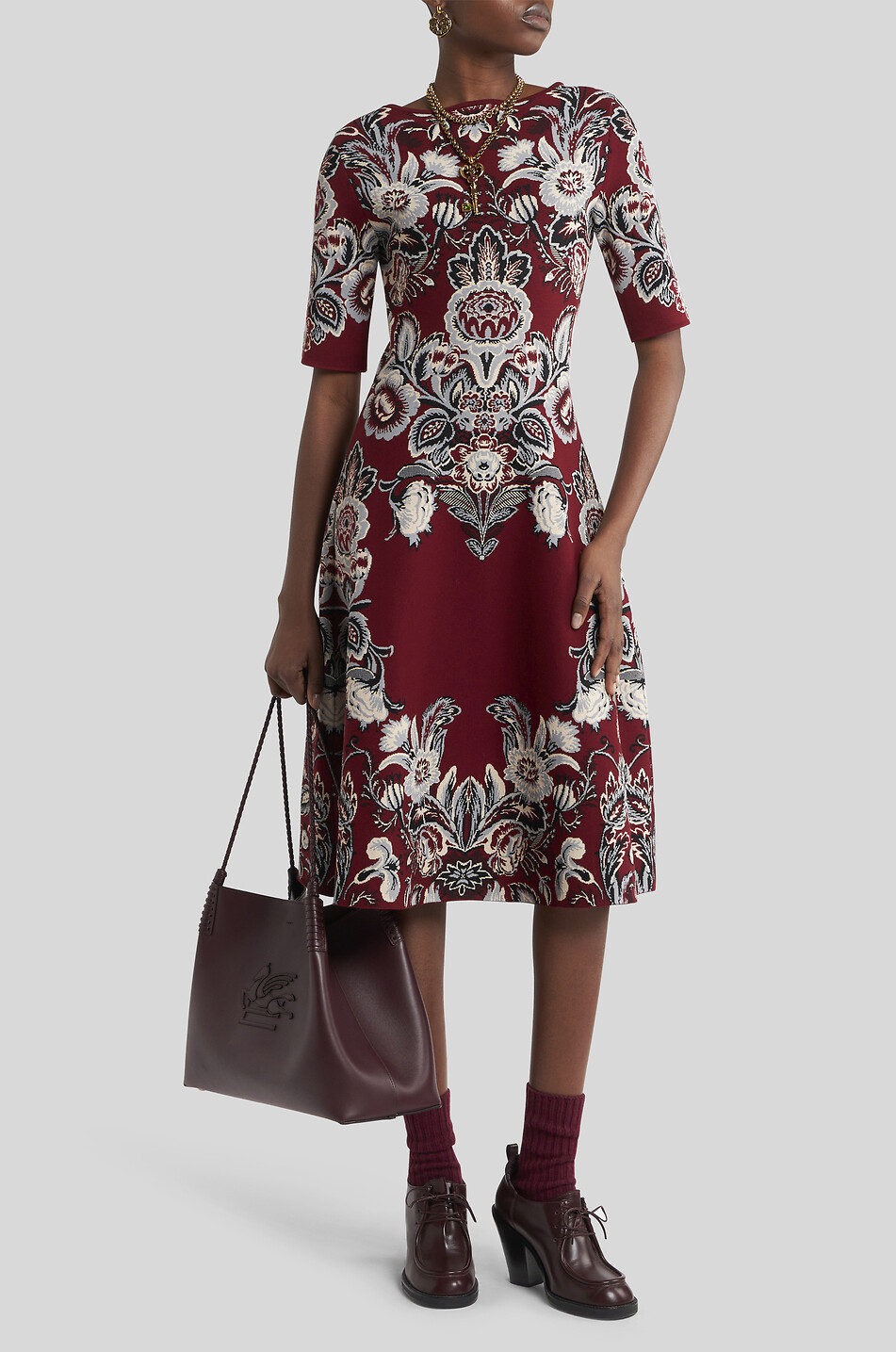 ETRO Floral jacquard knit flared midi dress Women DARK RED 3