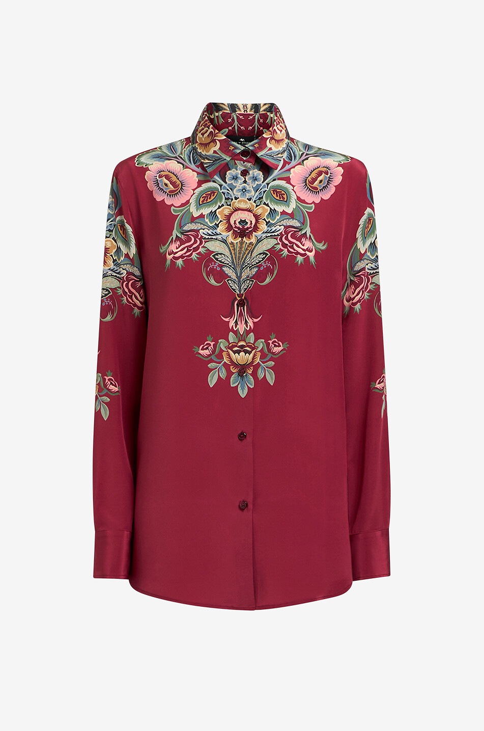 Chemise longue en soie imprimée fleurs placées