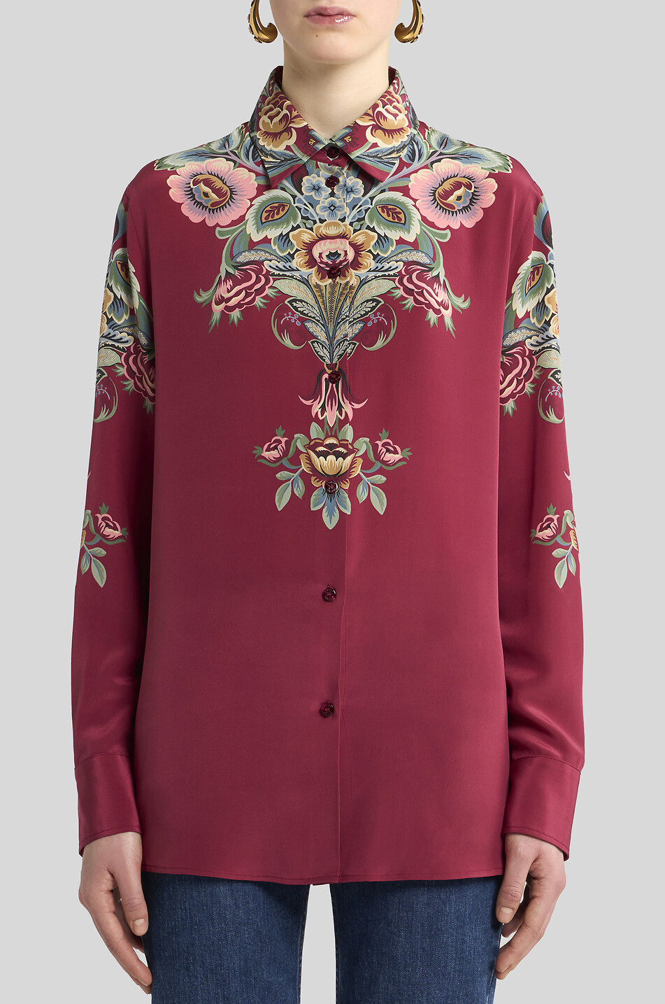 ETRO Chemise longue en soie imprimée fleurs placées Femme ROUGE FONCÉ 3