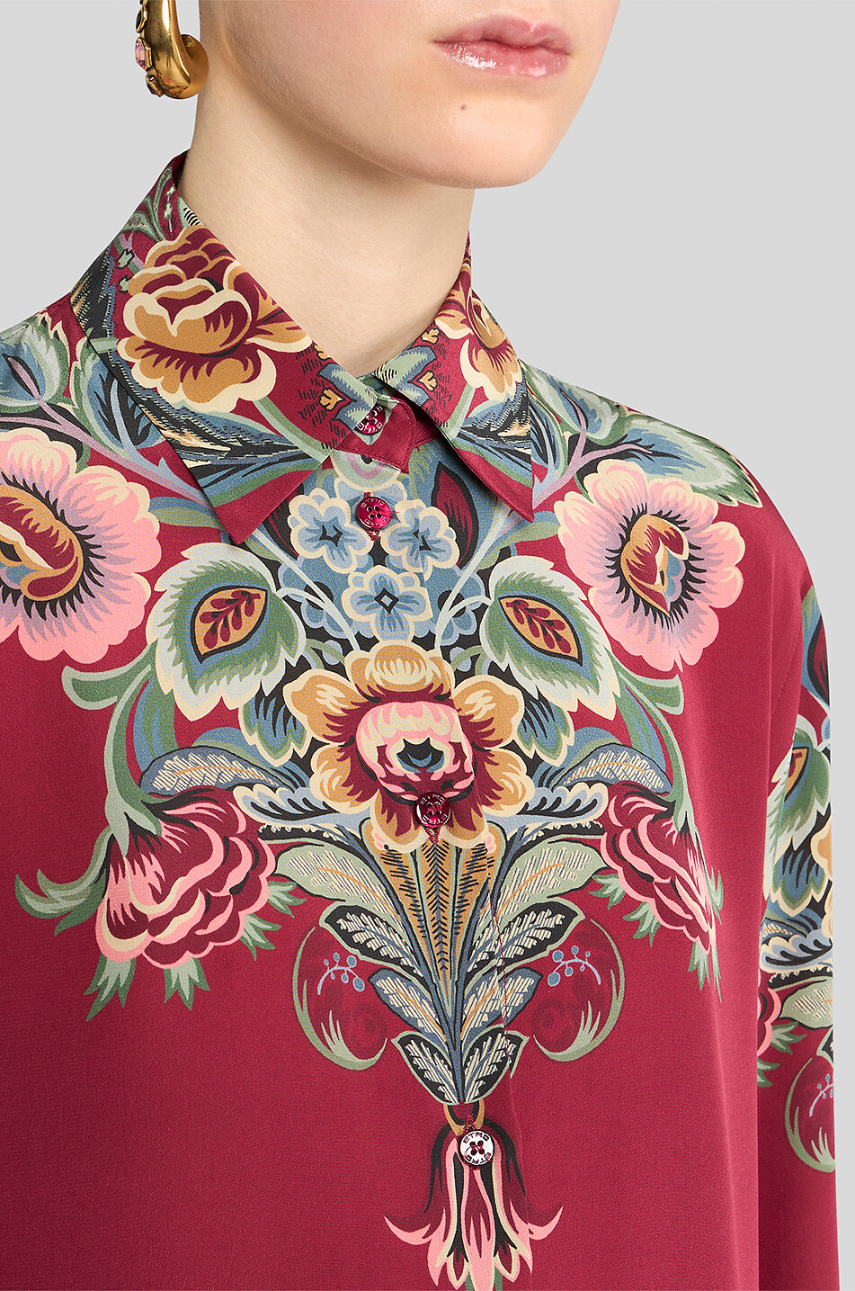 ETRO Chemise longue en soie imprimée fleurs placées Femme ROUGE FONCÉ 5