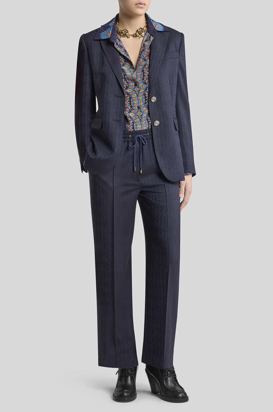 ETRO Pantalon droit en jacquard de laine motif médaillons à coulisse Femme BLEU FONCE 3