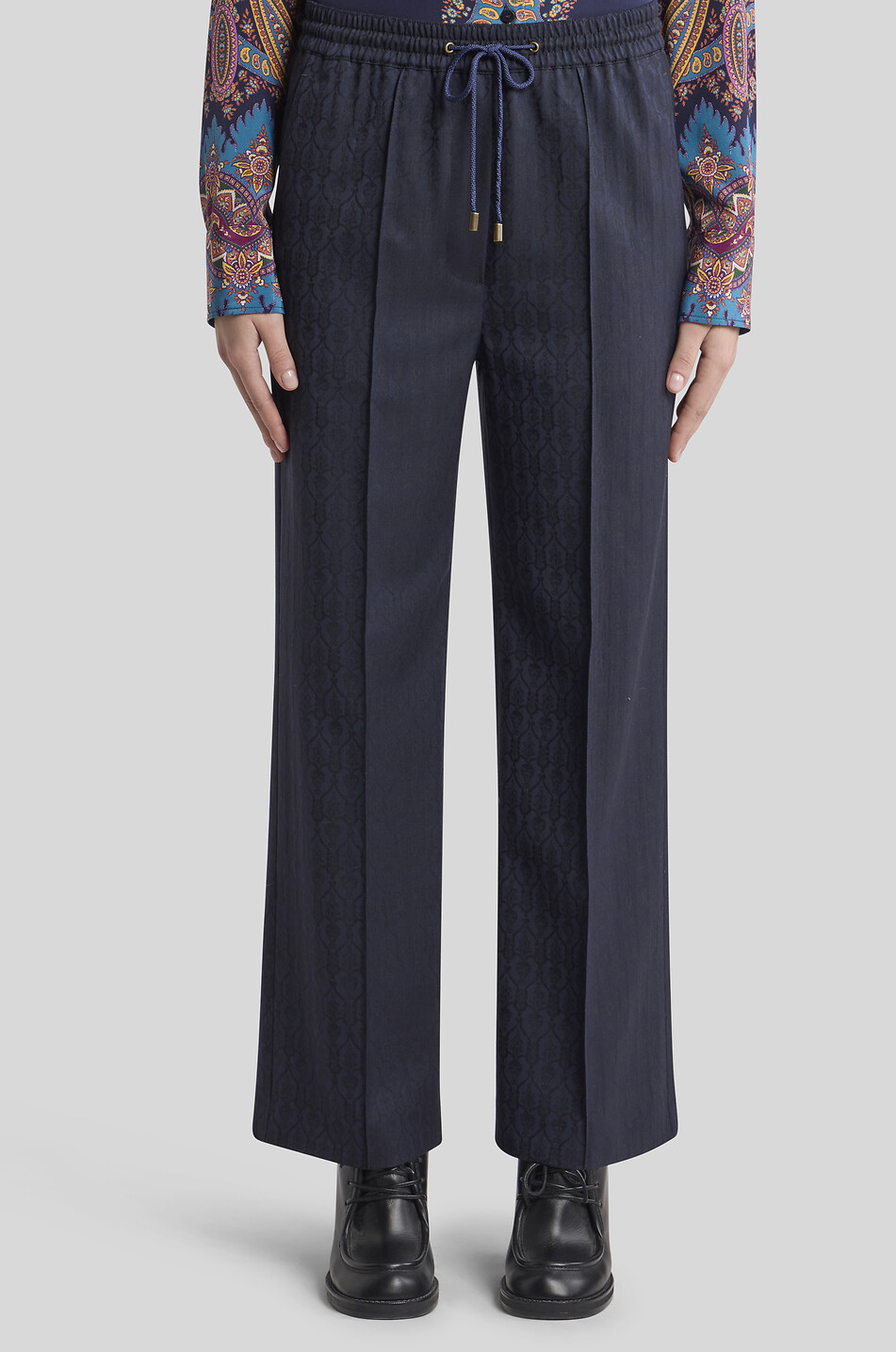 ETRO Pantalon droit en jacquard de laine motif médaillons à coulisse Femme BLEU FONCE 5