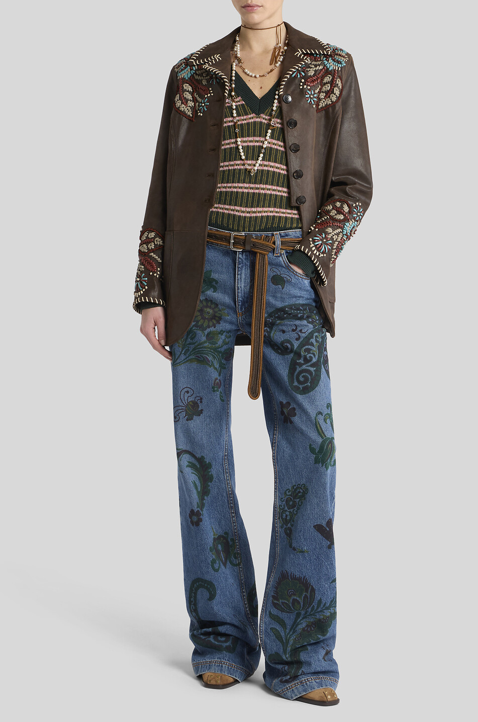 ETRO Veste en cuir brodé à col revers Femme MARRON 3