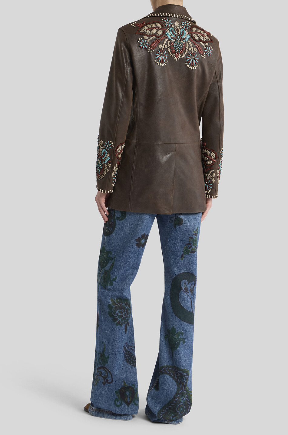 ETRO Veste en cuir brodé à col revers Femme MARRON 4
