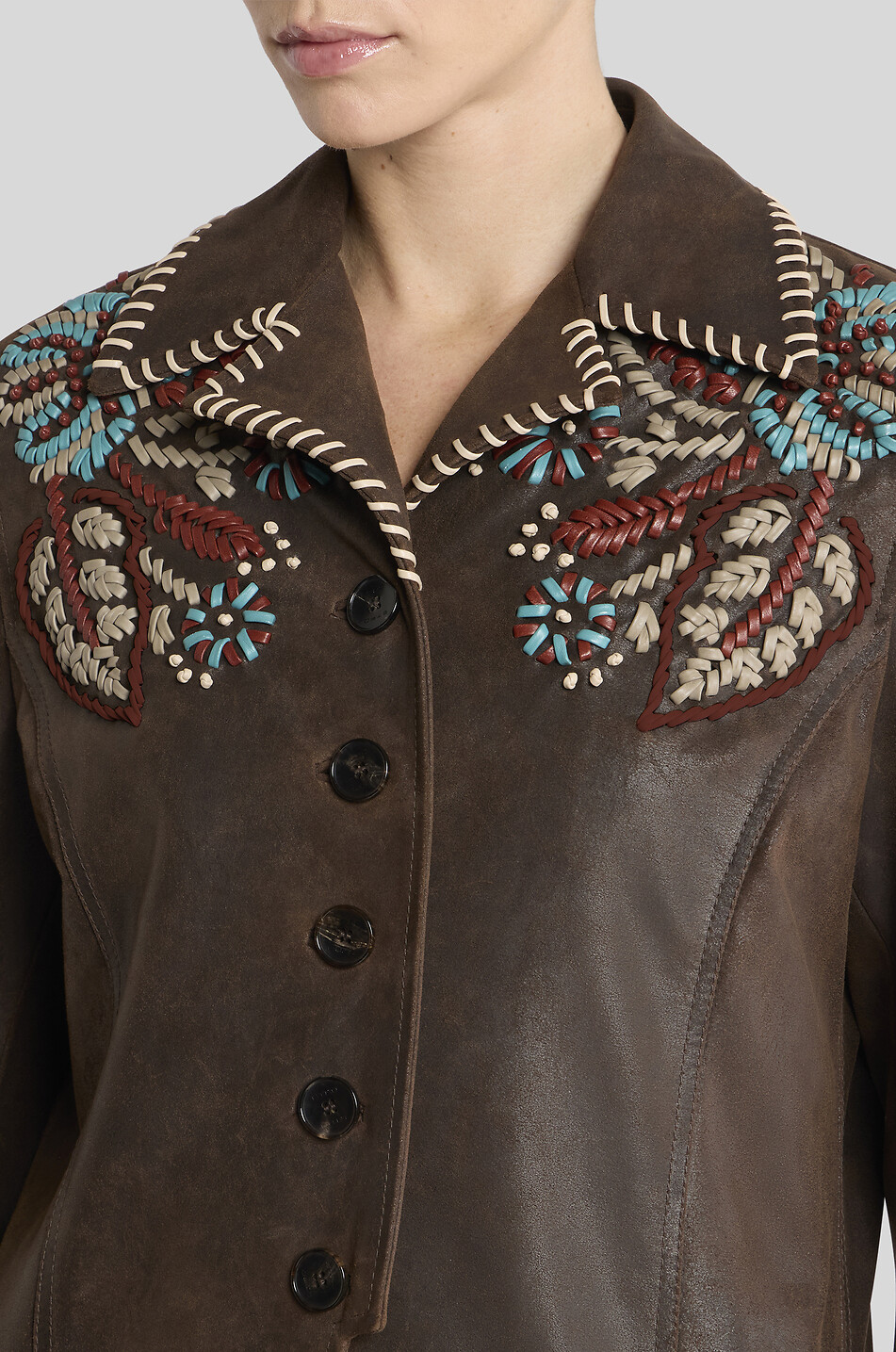 ETRO Veste en cuir brodé à col revers Femme MARRON 5