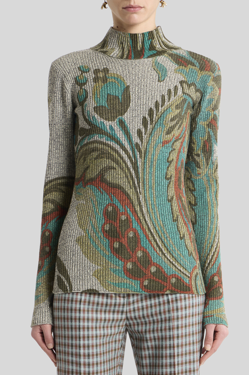ETRO Pull chaussette en laine à col montant imprimé jonquilles Femme GRIS 3