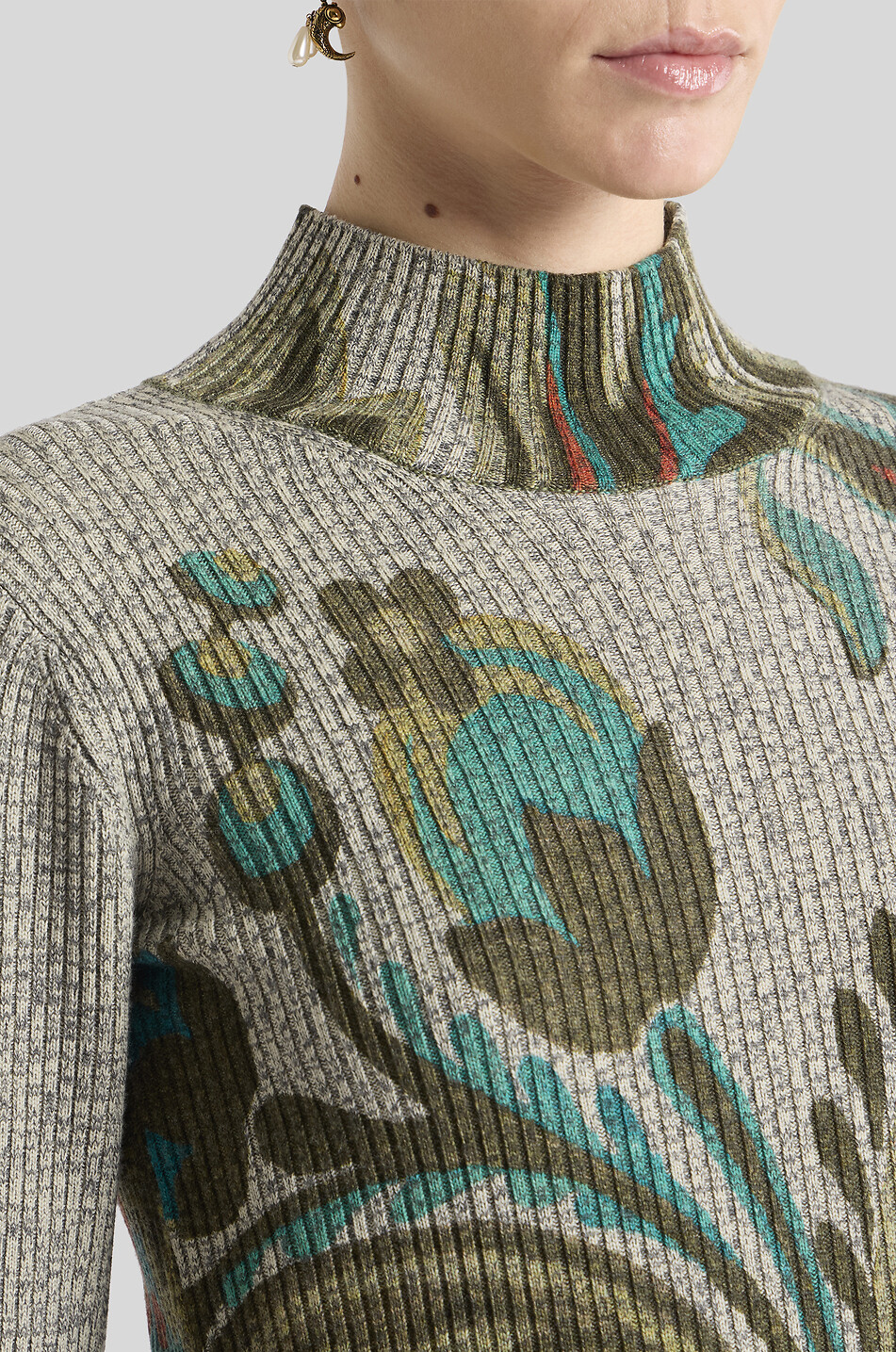 ETRO Pull chaussette en laine à col montant imprimé jonquilles Femme GRIS 5