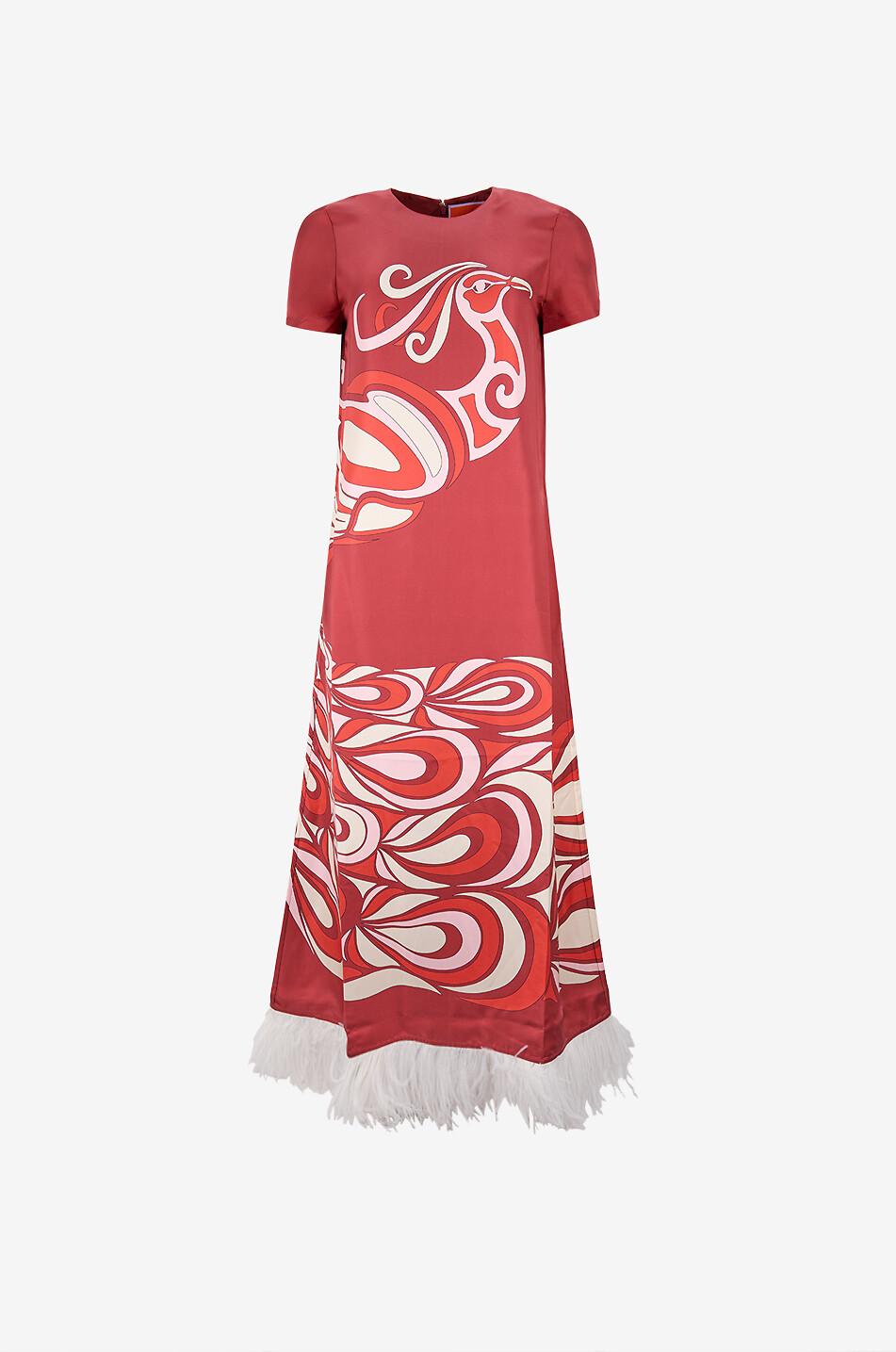 Robe trapèze longue en soie et plumes Swing Phoenix Placée