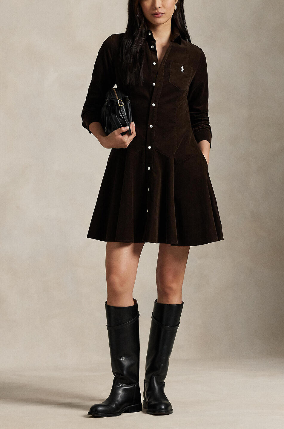 POLO RALPH LAUREN Pony corduroy short A-line shirt dress Women DARK BROWN 2