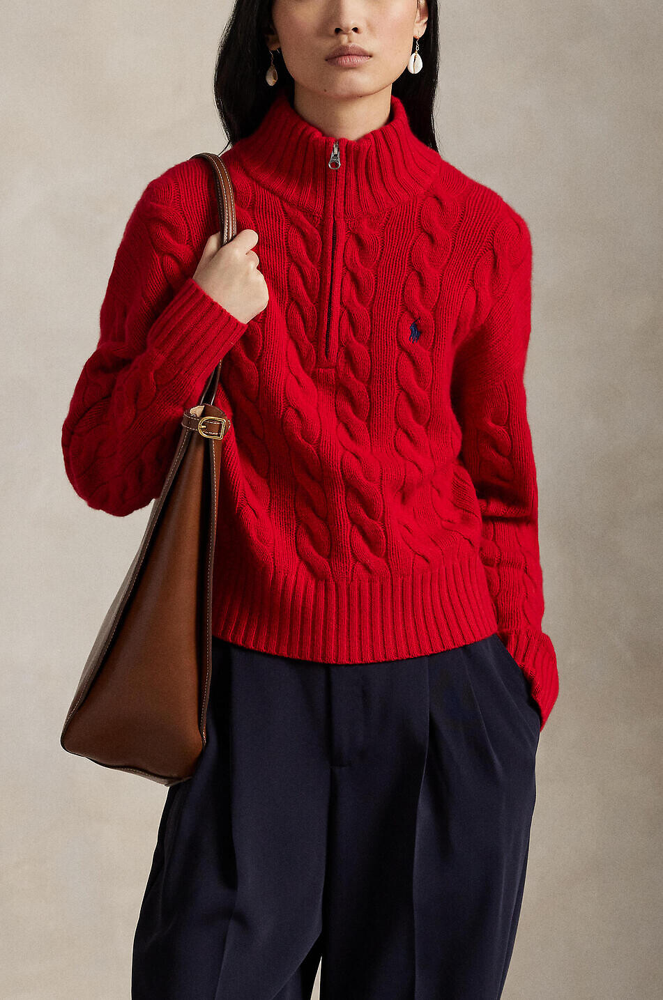 POLO RALPH LAUREN Pony half-zip cable-knit jumper in wool and cashmere Women MEDIUM RED 3
