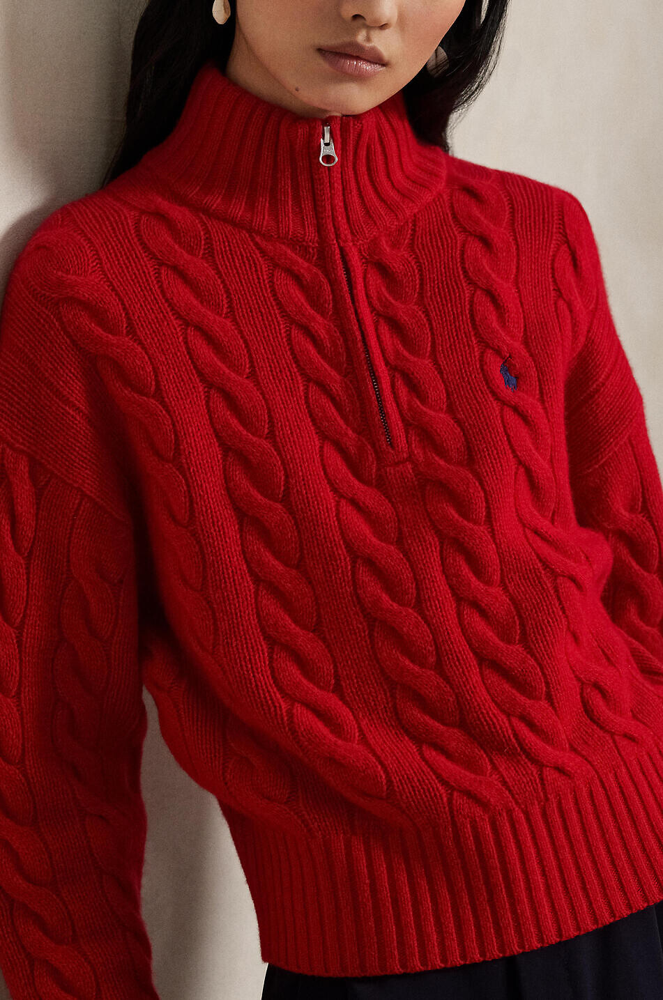 POLO RALPH LAUREN Pony half-zip cable-knit jumper in wool and cashmere Women MEDIUM RED 4