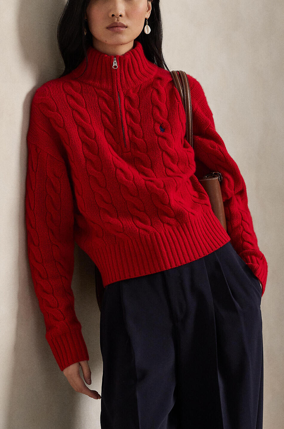 POLO RALPH LAUREN Pony half-zip cable-knit jumper in wool and cashmere Women MEDIUM RED 5