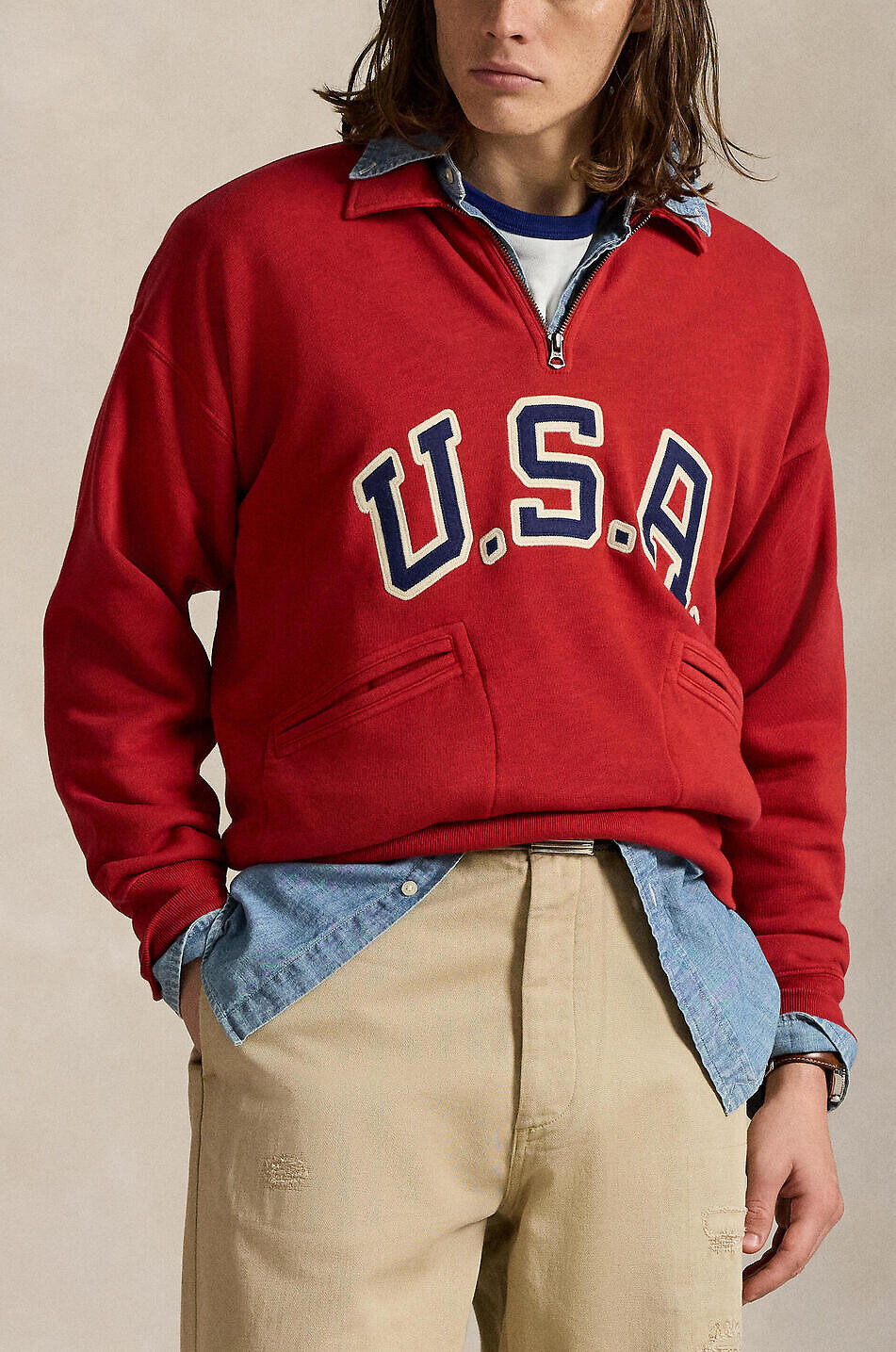 POLO RALPH LAUREN Sweatshirt mit Stehkragen und Zip Vintage Fit USA Herren DUNKELROT 6
