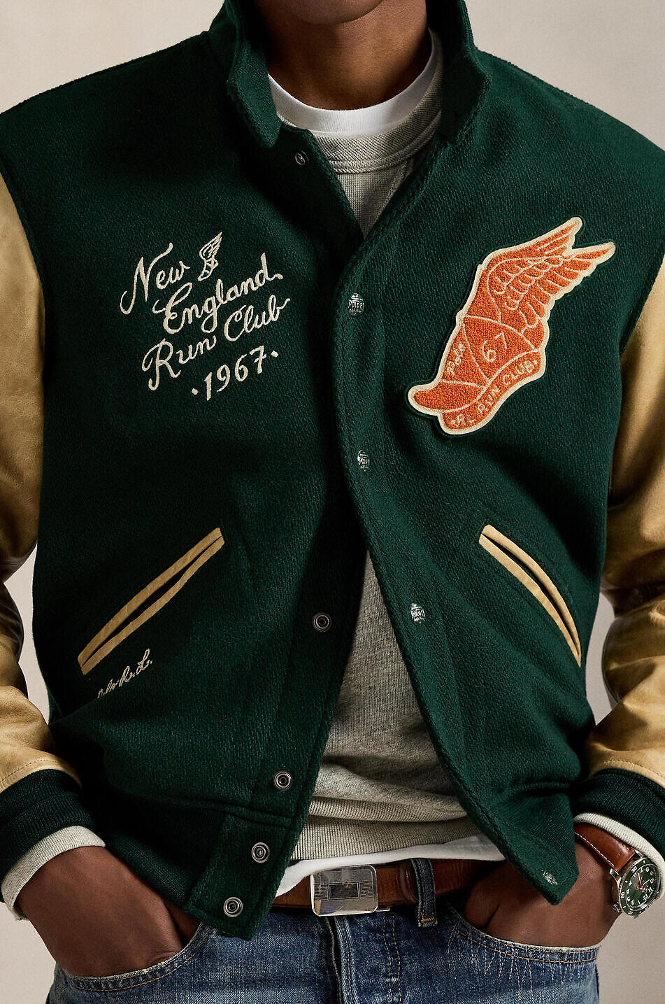 POLO RALPH LAUREN Veste universitaire en laine et cuir New England Run Club Homme VERT FONCÉ 4