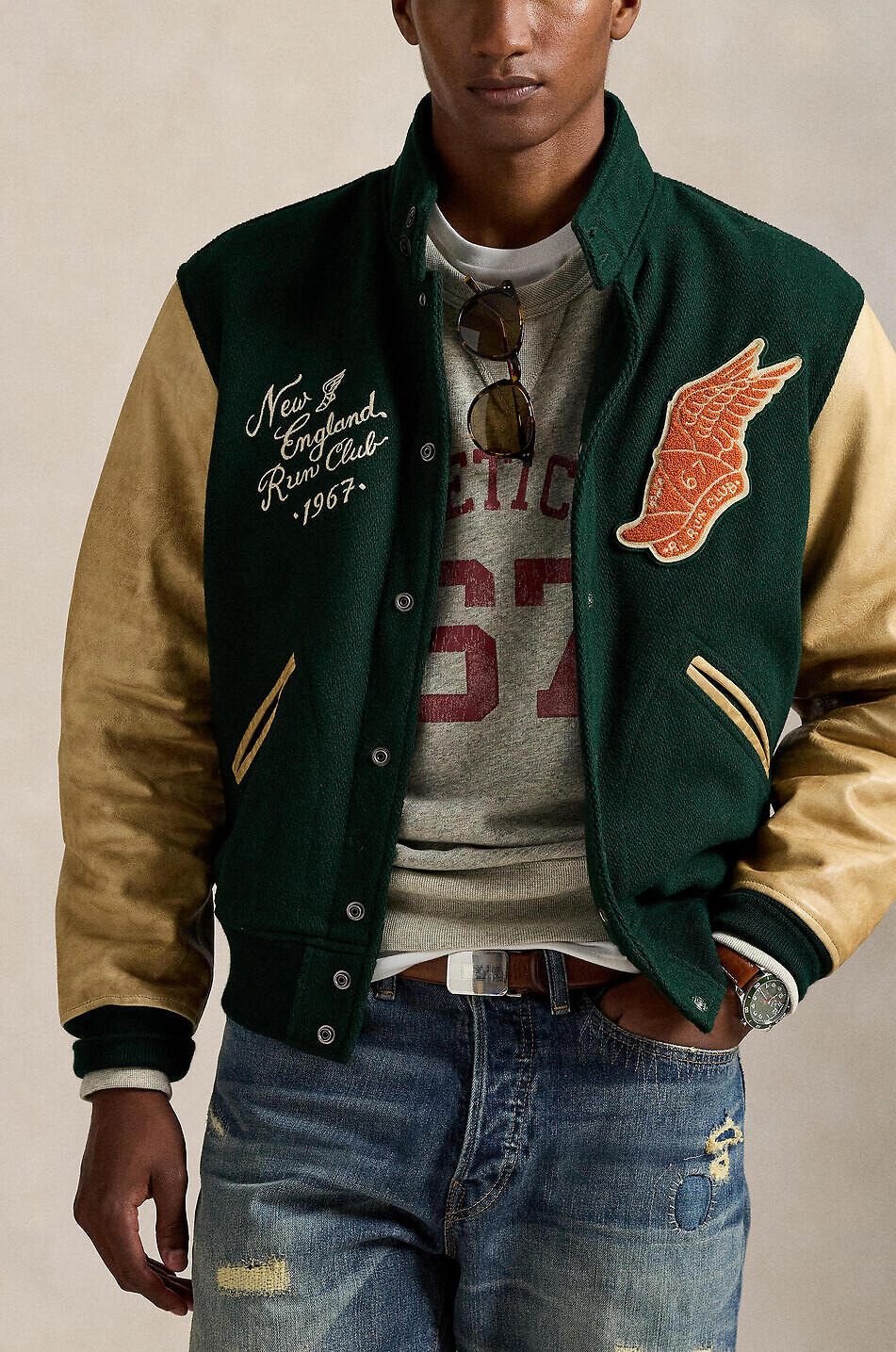 POLO RALPH LAUREN Veste universitaire en laine et cuir New England Run Club Homme VERT FONCÉ 6