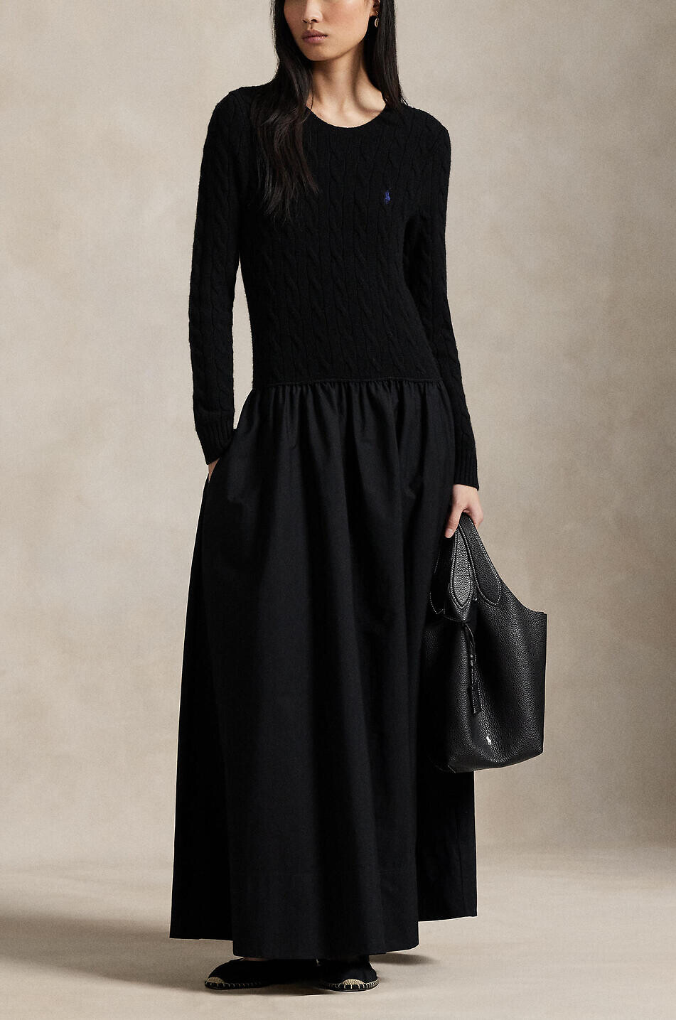 POLO RALPH LAUREN Pony long cable-knit and poplin dress Women BLACK 2