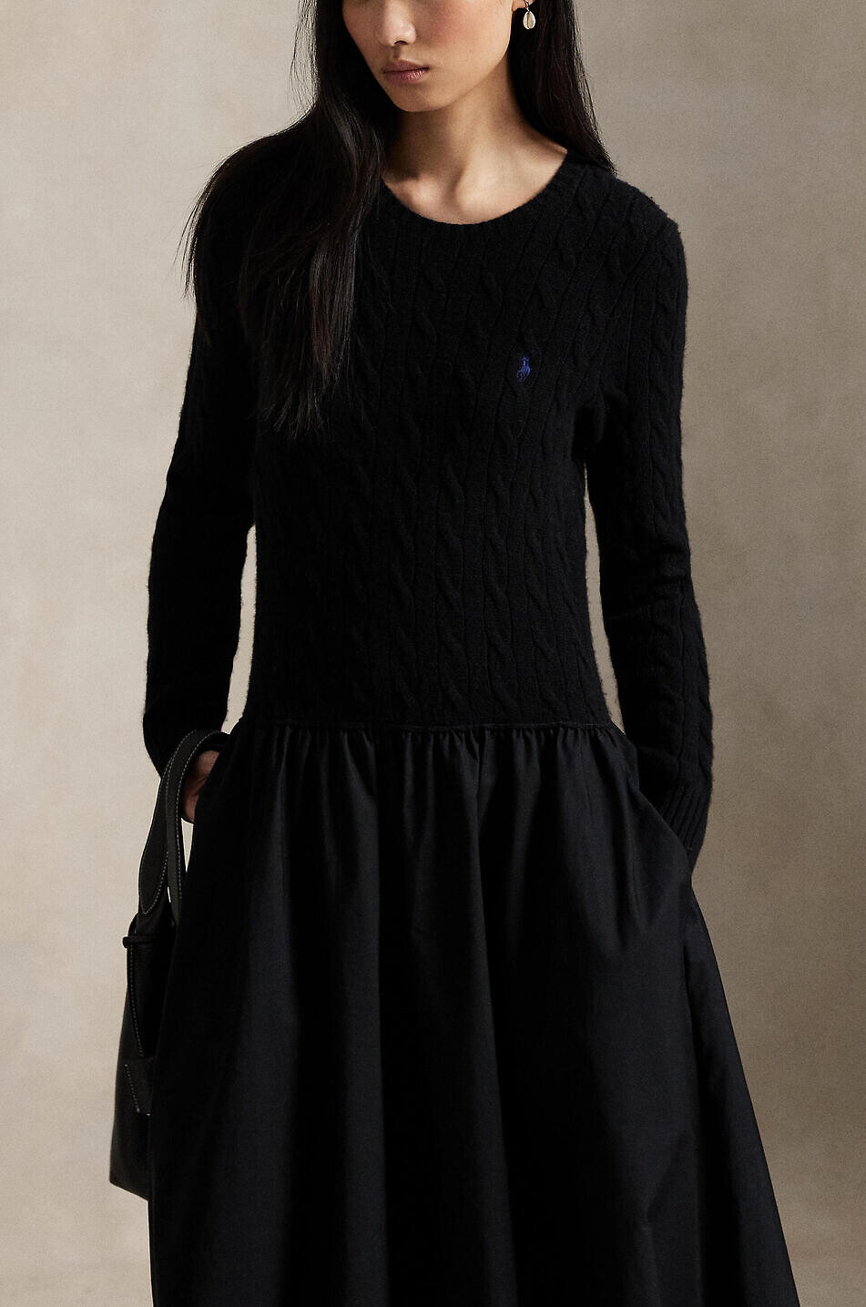 POLO RALPH LAUREN Pony long cable-knit and poplin dress Women BLACK 5