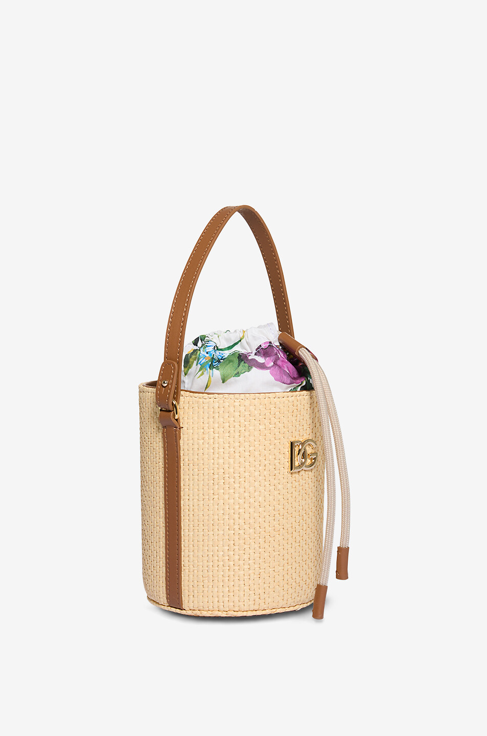 Sac seau en raphia et cuir fille Coffa Rafia Fiori DOLCE