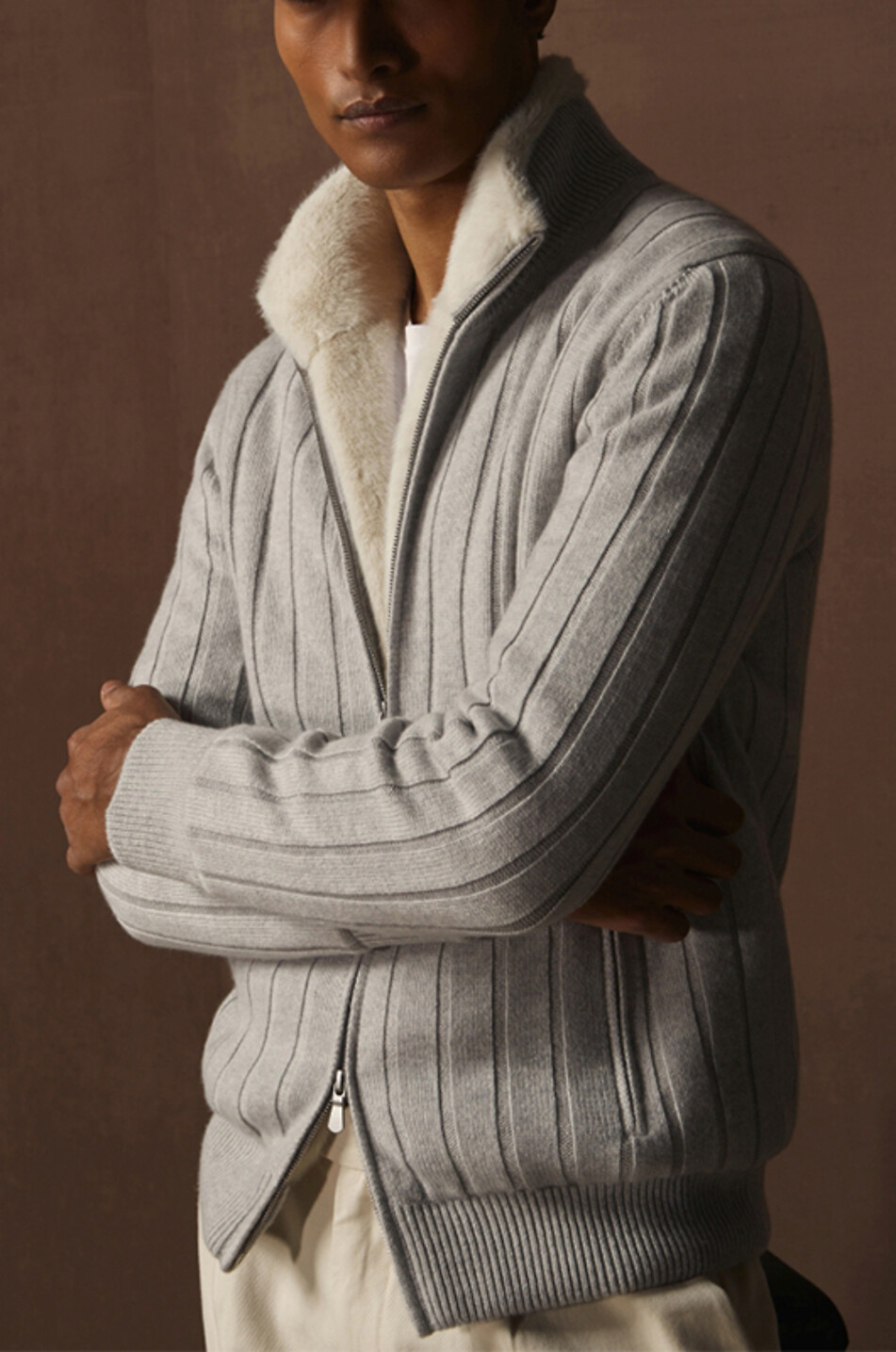 GRAN SASSO Cashmere full-zip cardigan with faux fur lining Men LIGHT GREY 4
