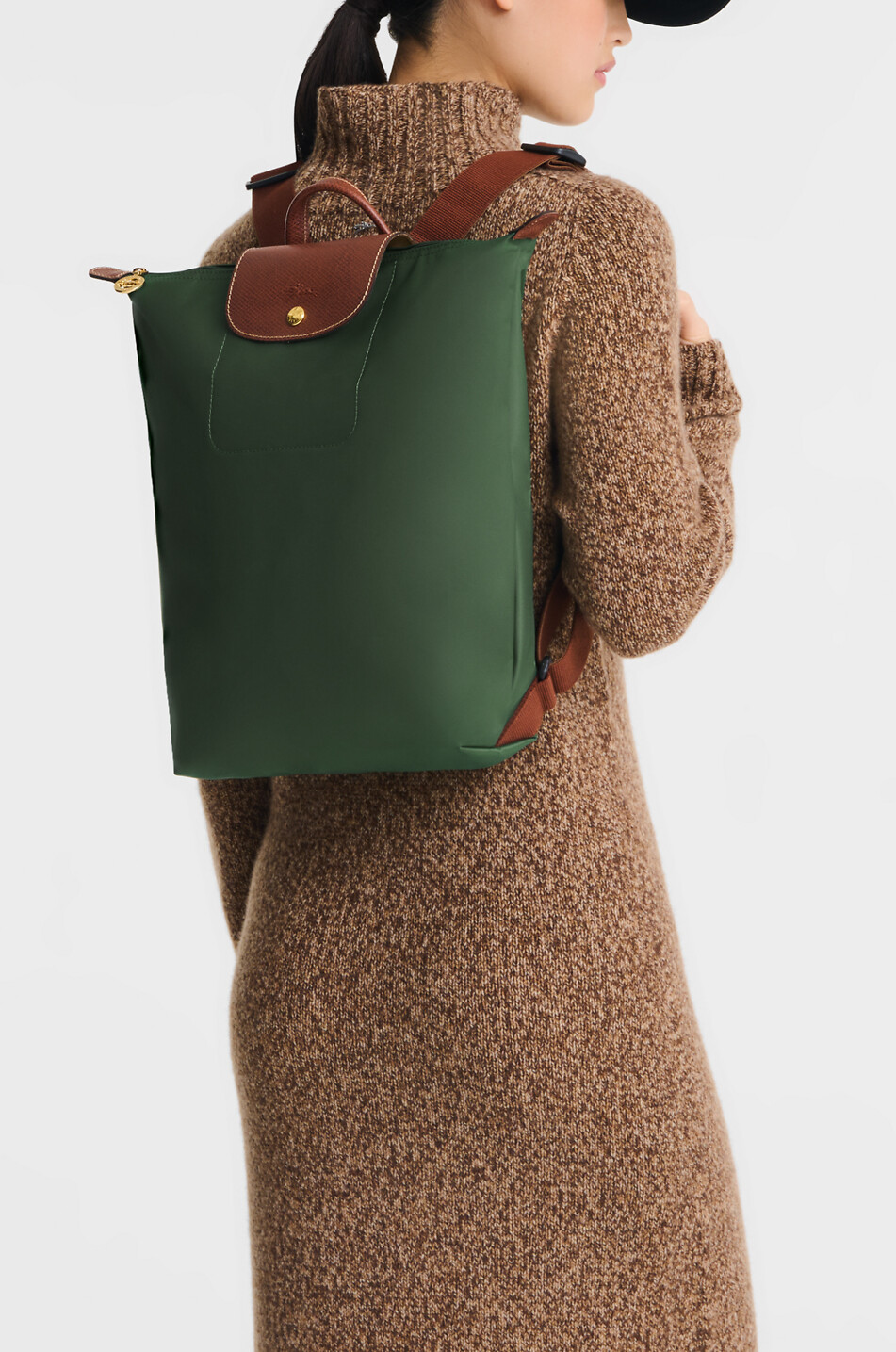 LONGCHAMP Sac à dos en toile et cuir de Russie Le Pliage Original M Femme VERT 2