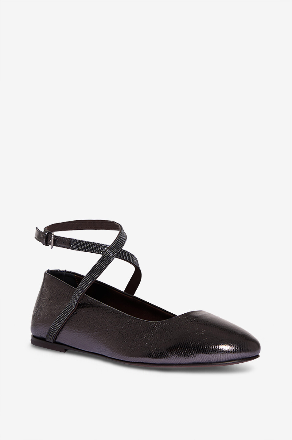 BRUNELLO CUCINELLI Genarbte Metallic-Leder-Ballerinas mit Knöchelriemen Monile Damen SCHWARZ 1