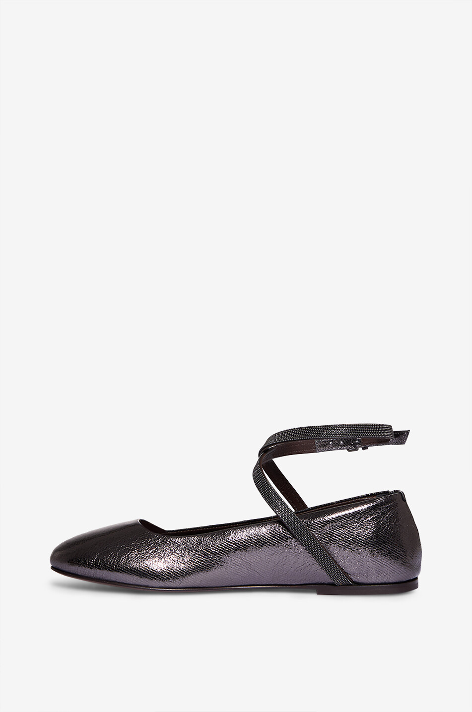 BRUNELLO CUCINELLI Genarbte Metallic-Leder-Ballerinas mit Knöchelriemen Monile Damen SCHWARZ 2