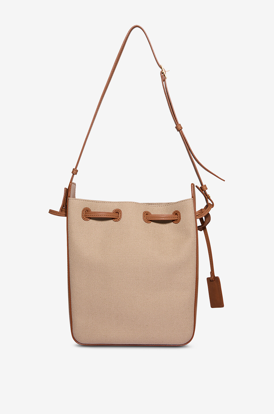 SAINT LAURENT PARIS Sac seau en toile et cuir lisse Cassandra Mini Femme Beige Foncé 3