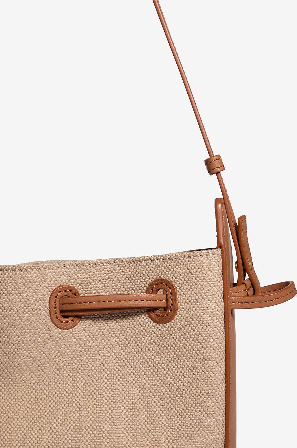 SAINT LAURENT PARIS Sac seau en toile et cuir lisse Cassandra Mini Femme Beige Foncé 5