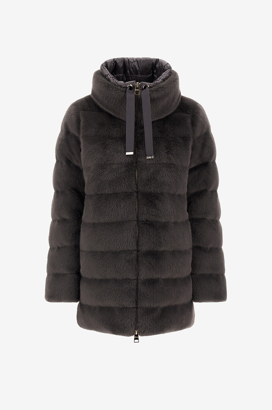 Mid-length faux fur down jacket with Ultralight nylon collar