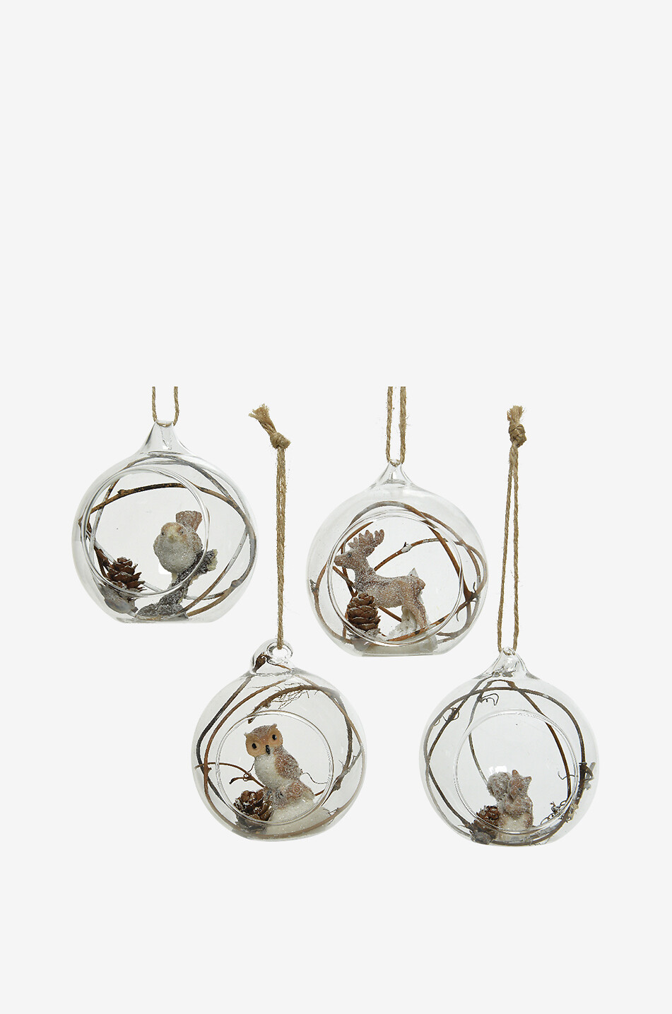 Snowy Forest Animals set of 4 glass Christmas baubles