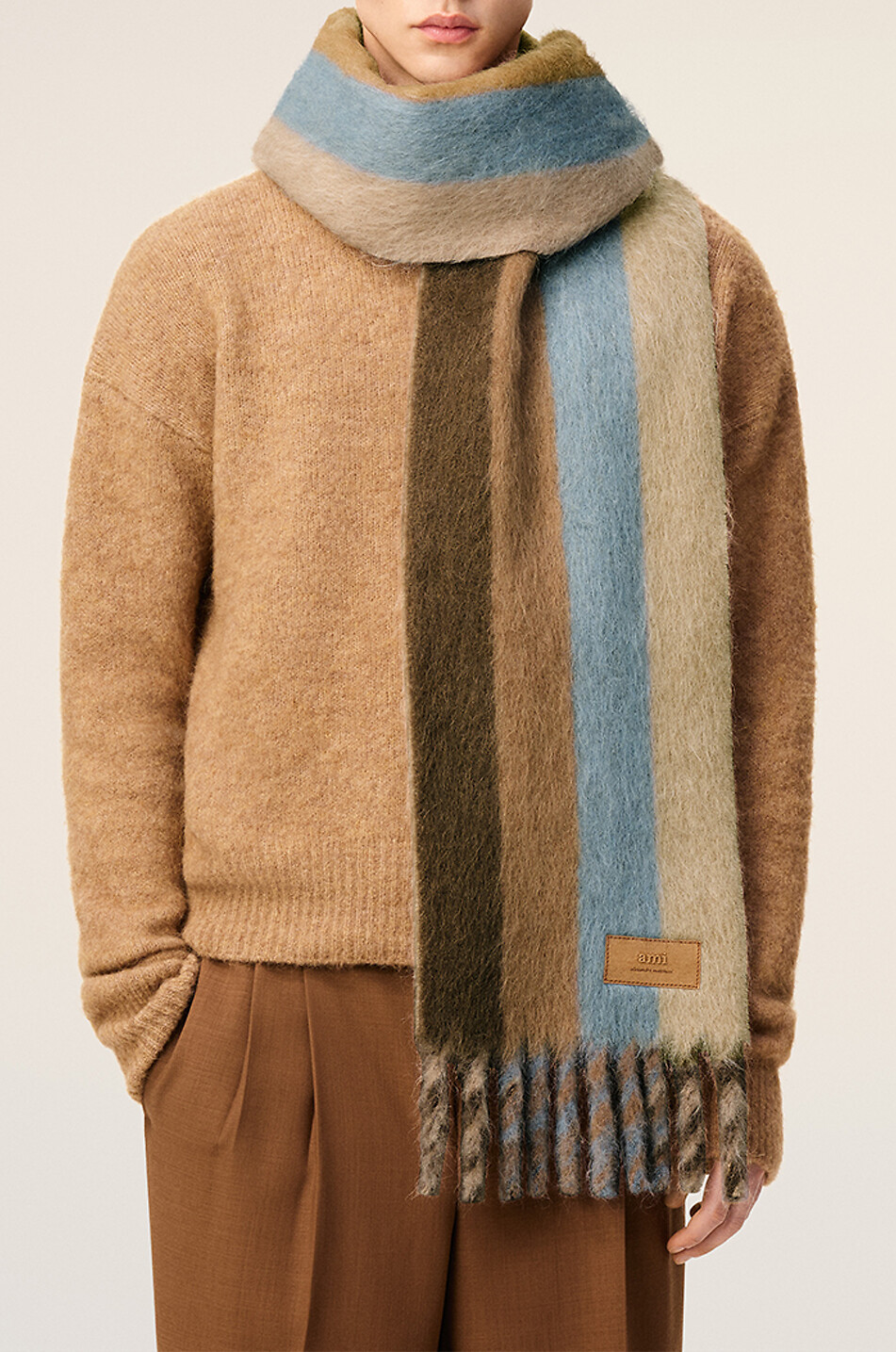 AMI Rectangular alpaca and mohair wool striped scarf Men BROWN 3