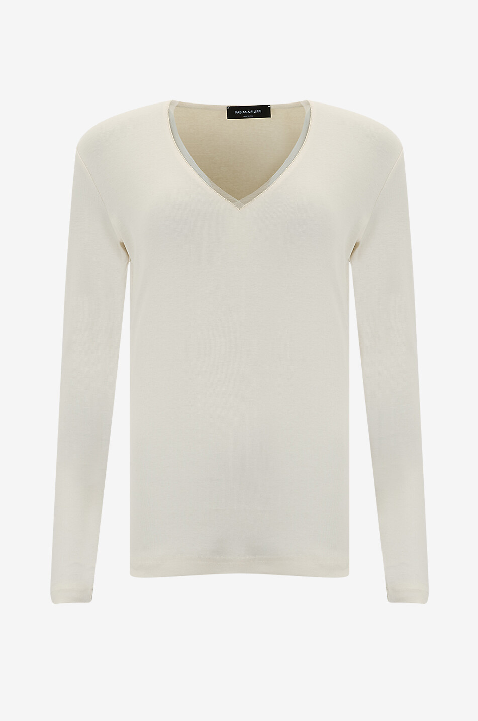 FABIANA FILIPPI Diamante fitted V-neck T-shirt with tulle Women EGGSHELL 1